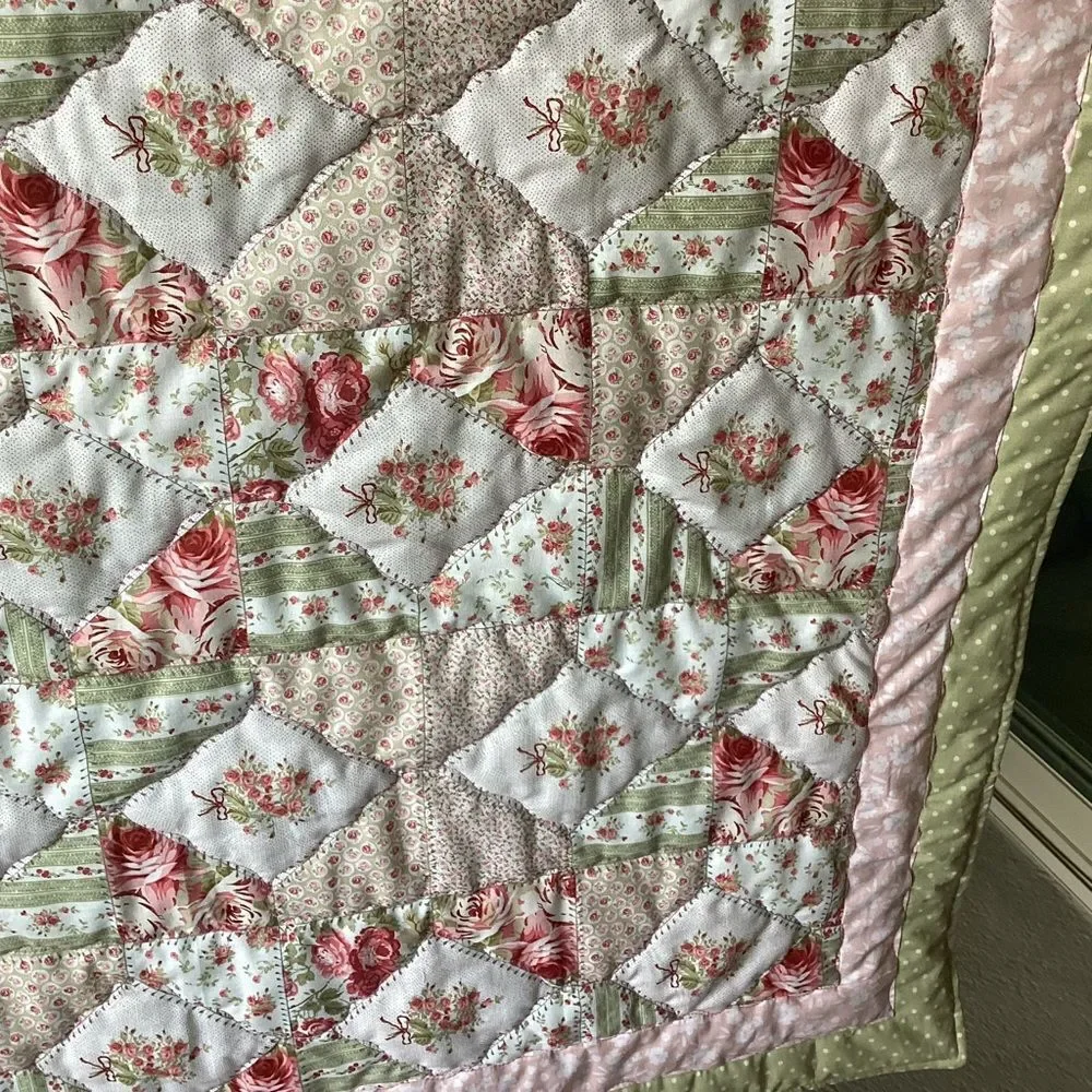 NWT Hand Crafted Floral Patchwork of Roses Quilt - Pink s and Greens